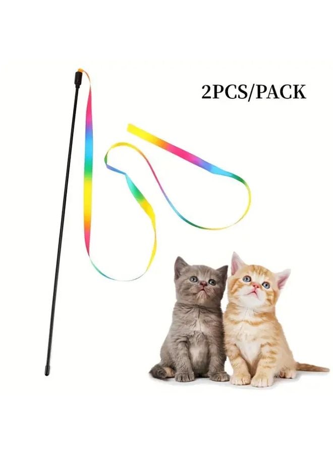 Iridescent Rainbow Ribbon Cat Teaser Wand Toy 2 Pack Interactive Kitten Play Battery Free - Image 1